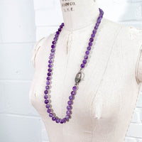 Amethyst & Pavé Baguette Diamond Clasp Hand-Knotted Necklace