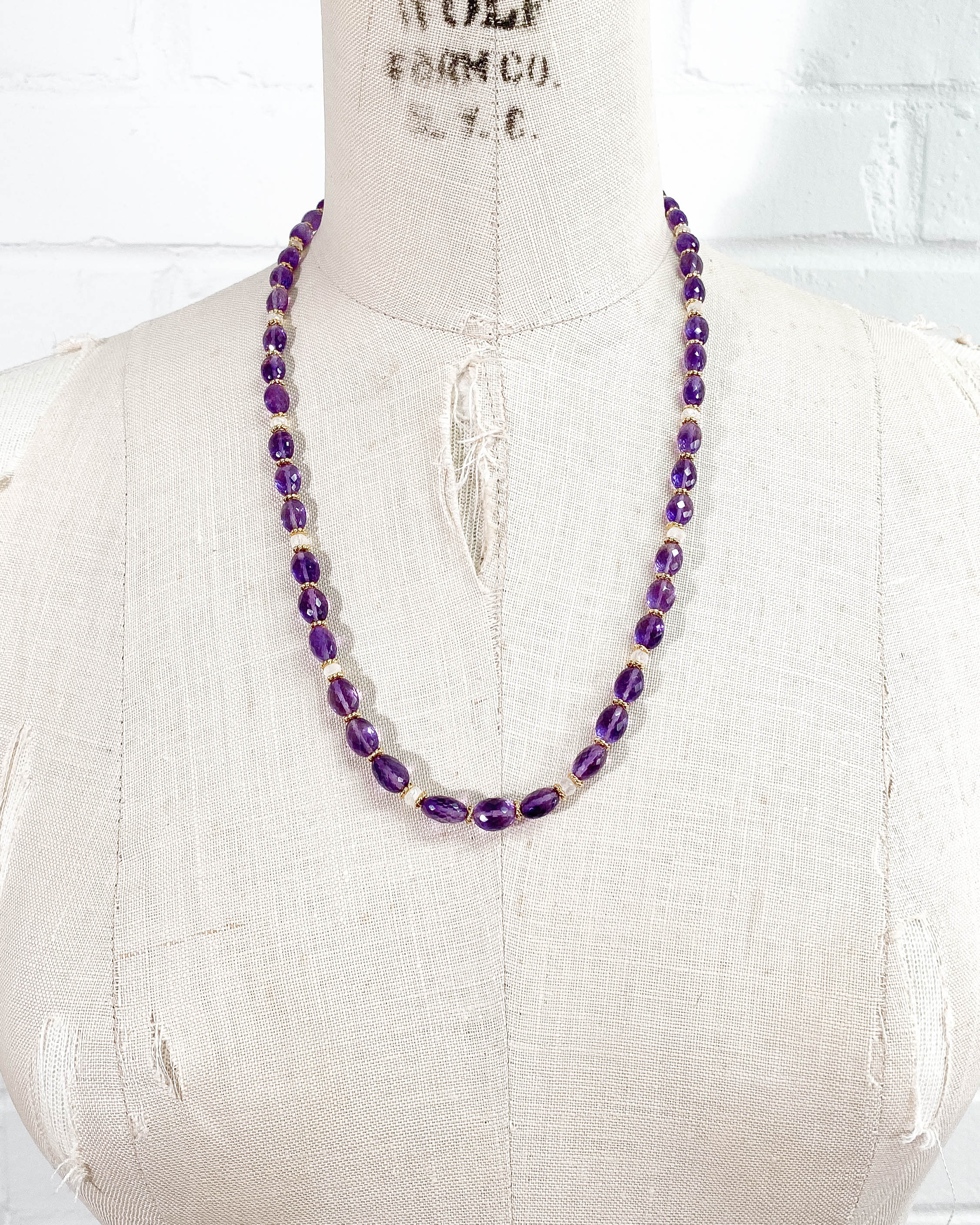 Faceted Amethyst and White Moonstone Strand Necklace