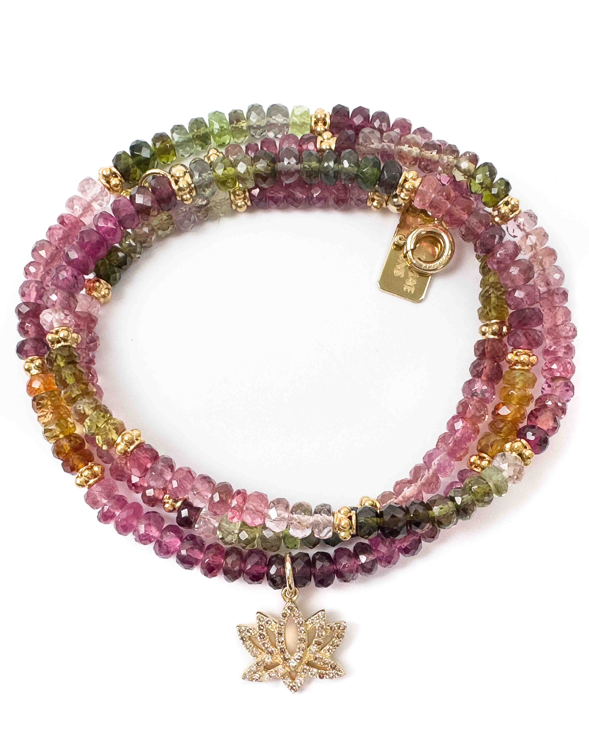 Diamond Lotus Flower & Watermelon Tourmaline Strand Necklace