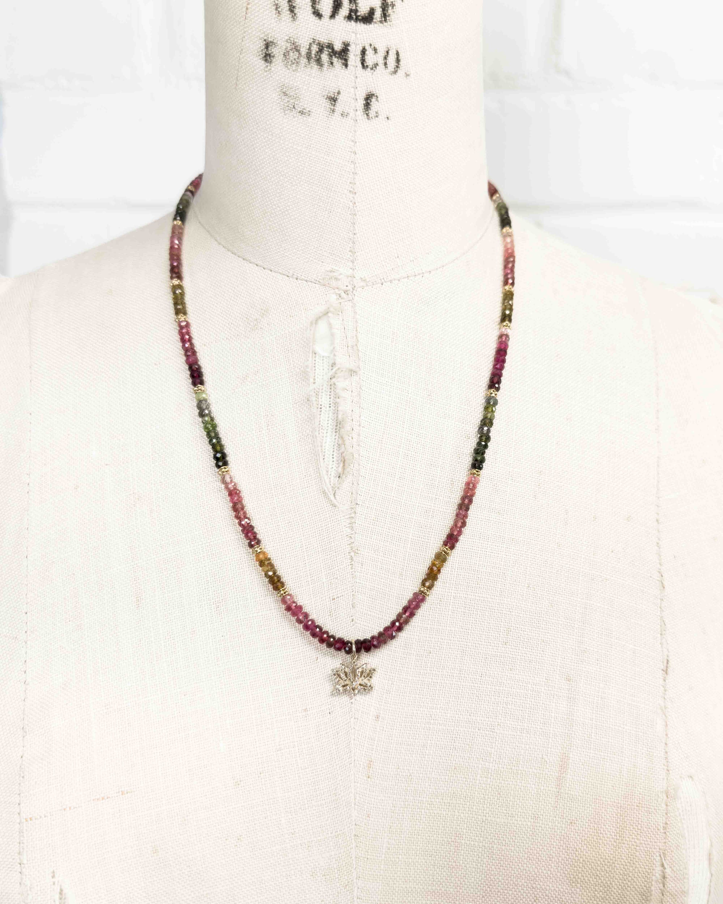 Diamond Lotus Flower & Watermelon Tourmaline Strand Necklace