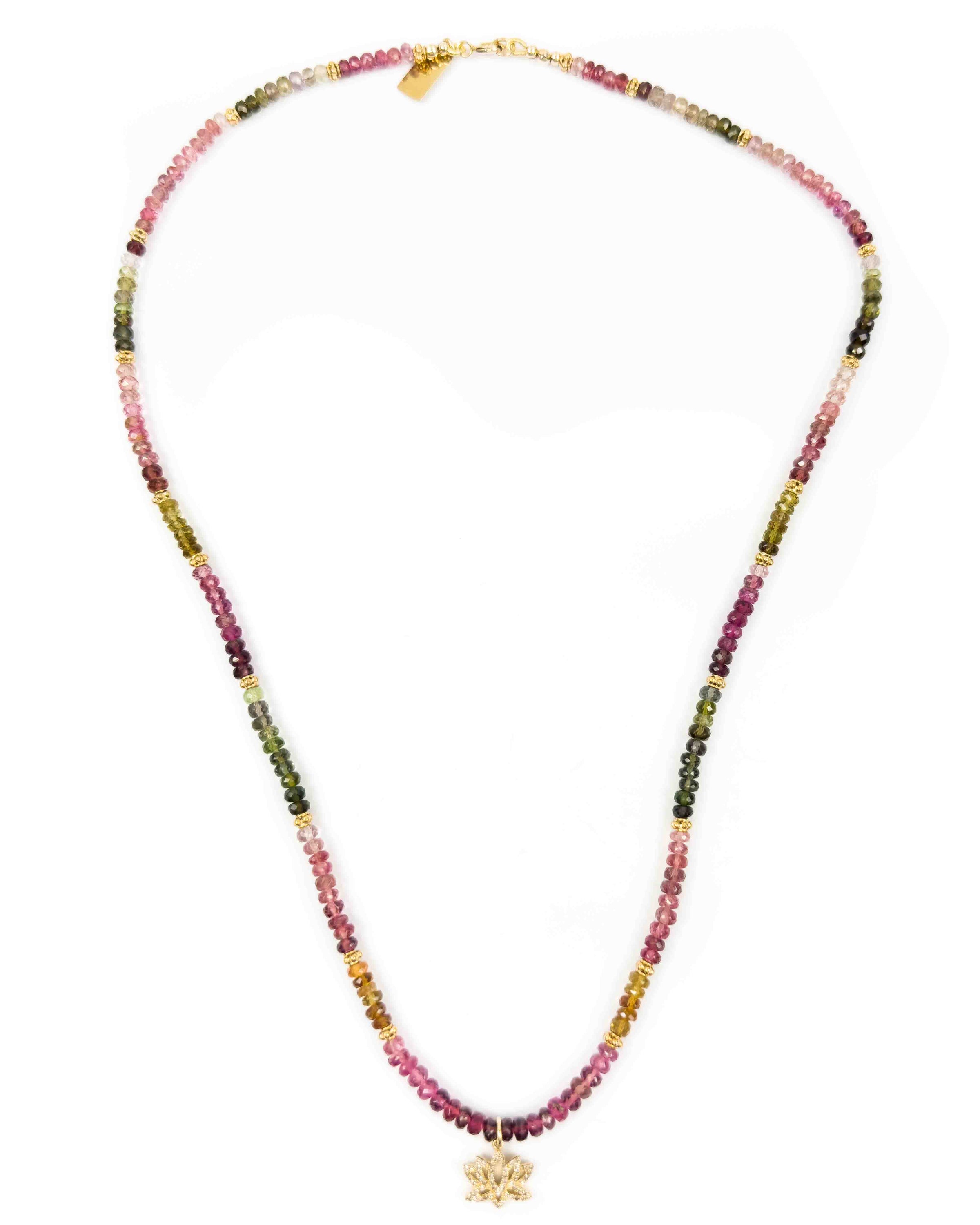 Diamond Lotus Flower & Watermelon Tourmaline Strand Necklace