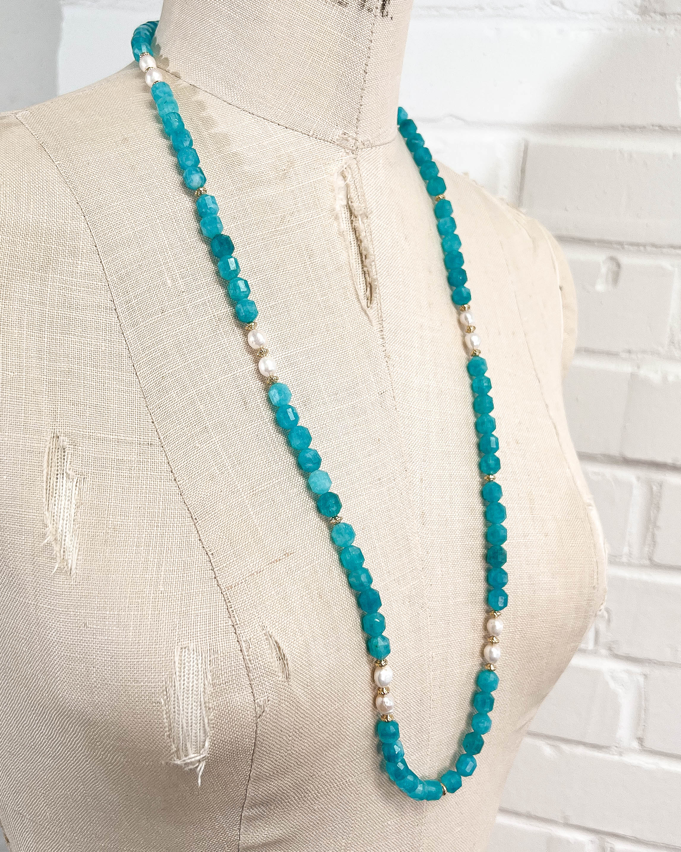 Amazonite & White Freshwater Pearl Strand Necklace