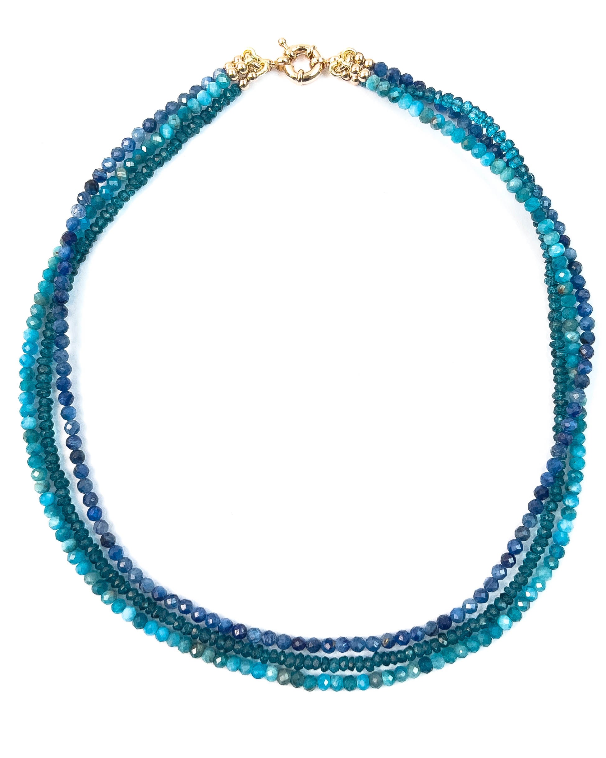 Triple Strand Kyanite, Apatite, London Blue Topaz Necklace