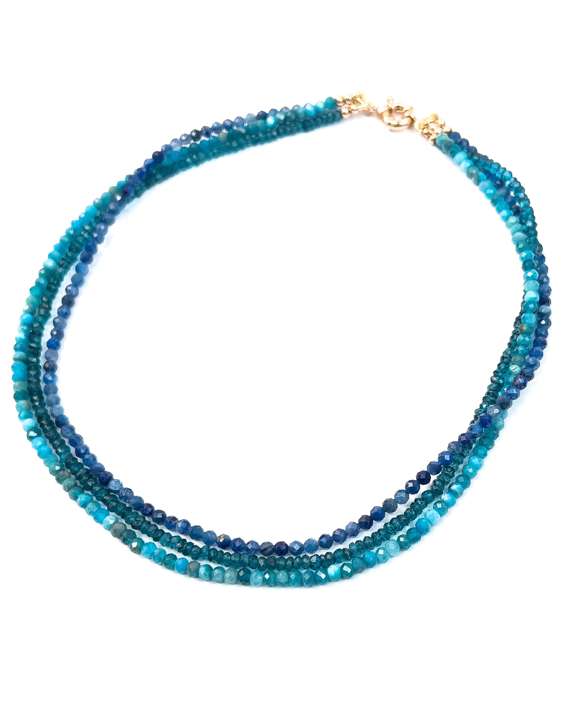 Triple Strand Kyanite, Apatite, London Blue Topaz Necklace