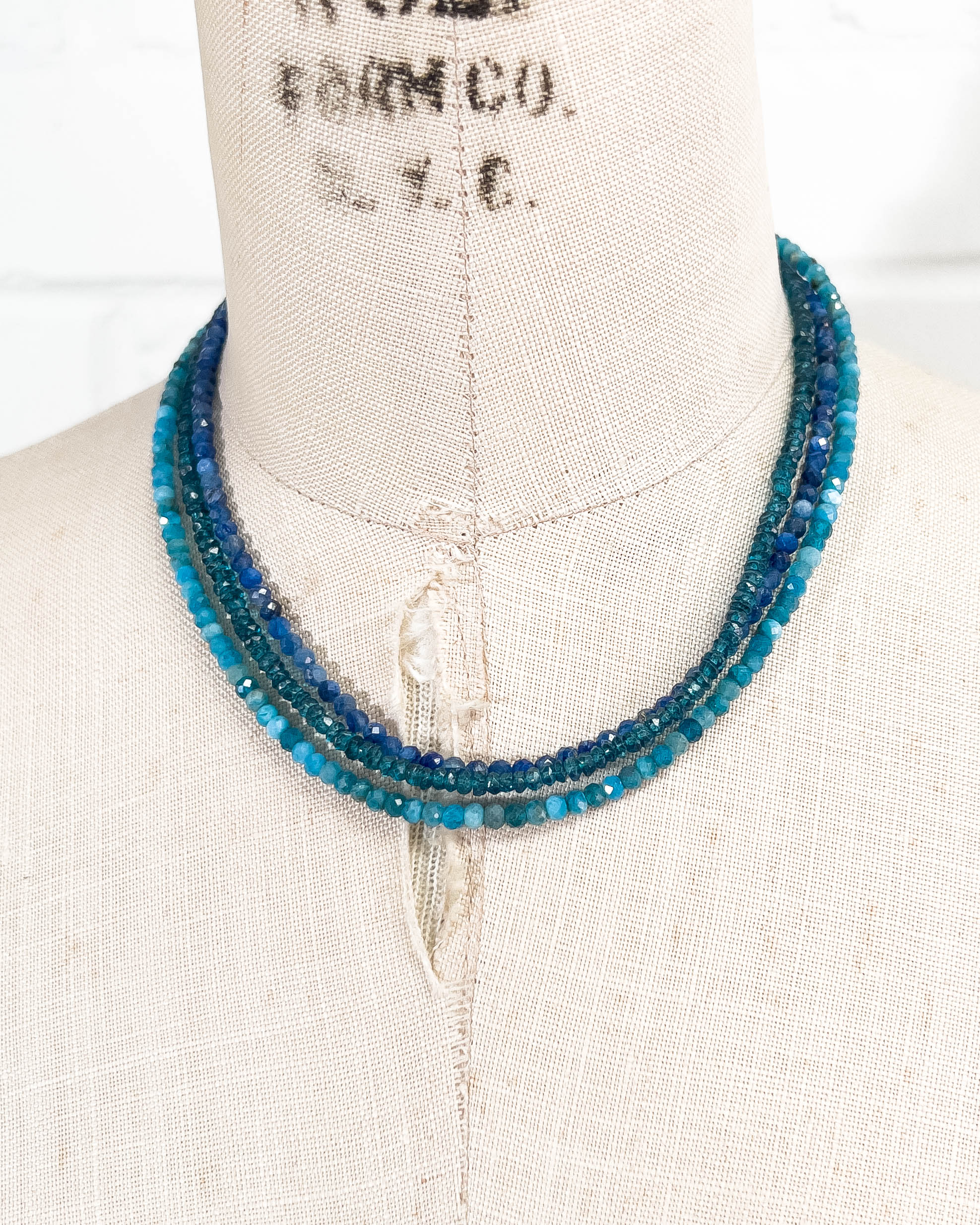 Triple Strand Kyanite, Apatite, London Blue Topaz Necklace