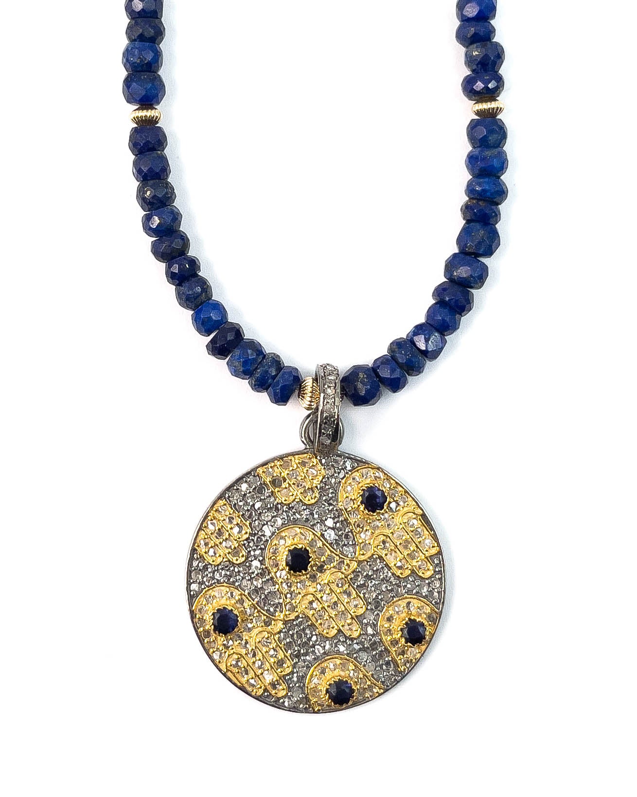Diamond & Sapphire Hamsa Pendant on Lapis Lazuli Necklace
