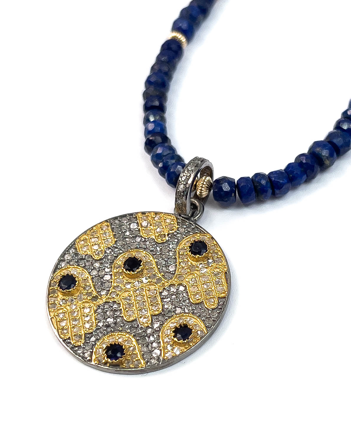 Diamond & Sapphire Hamsa Pendant on Lapis Lazuli Necklace