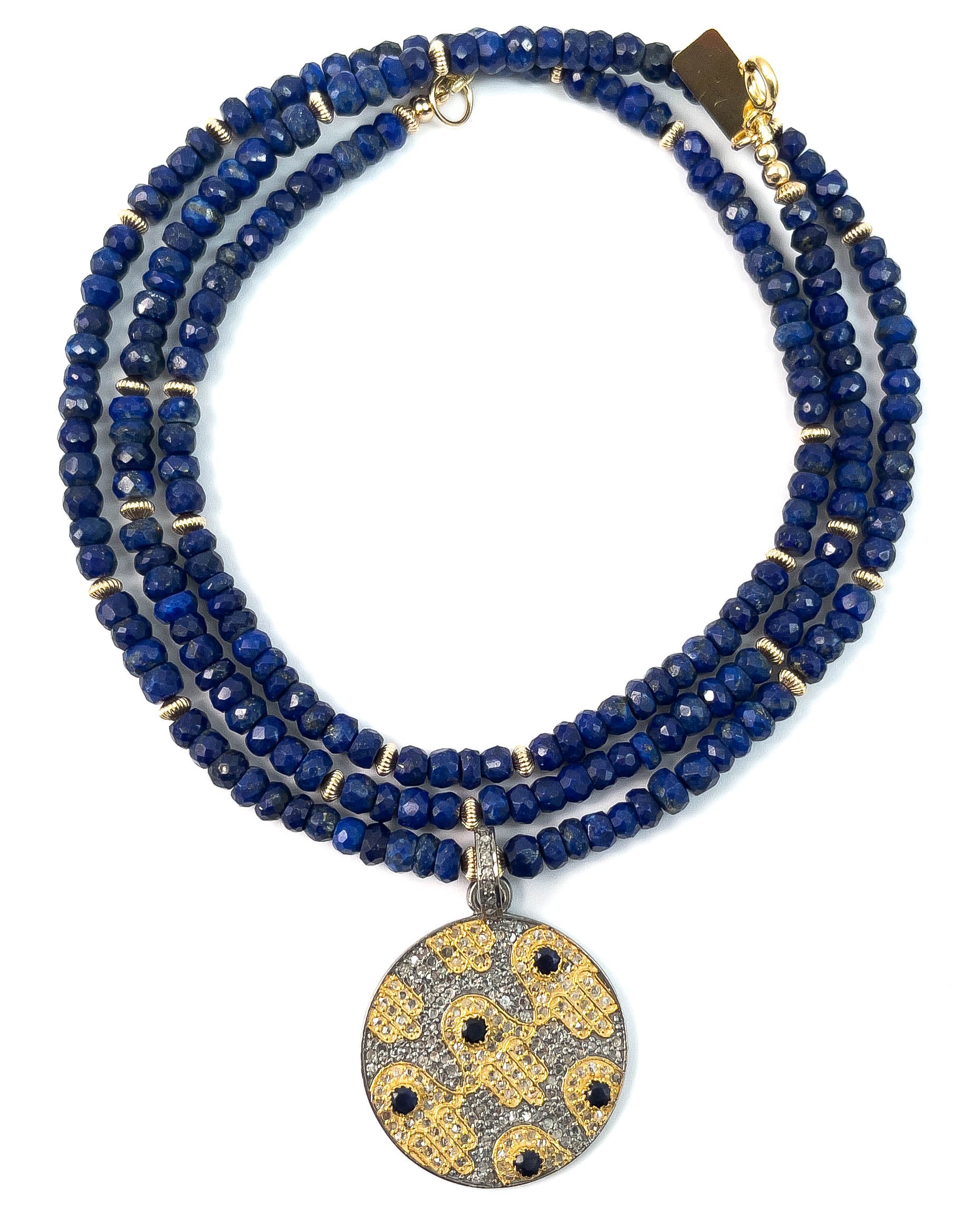 Diamond & Sapphire Hamsa Pendant on Lapis Lazuli Necklace