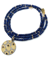 Diamond & Sapphire Hamsa Pendant on Lapis Lazuli Necklace