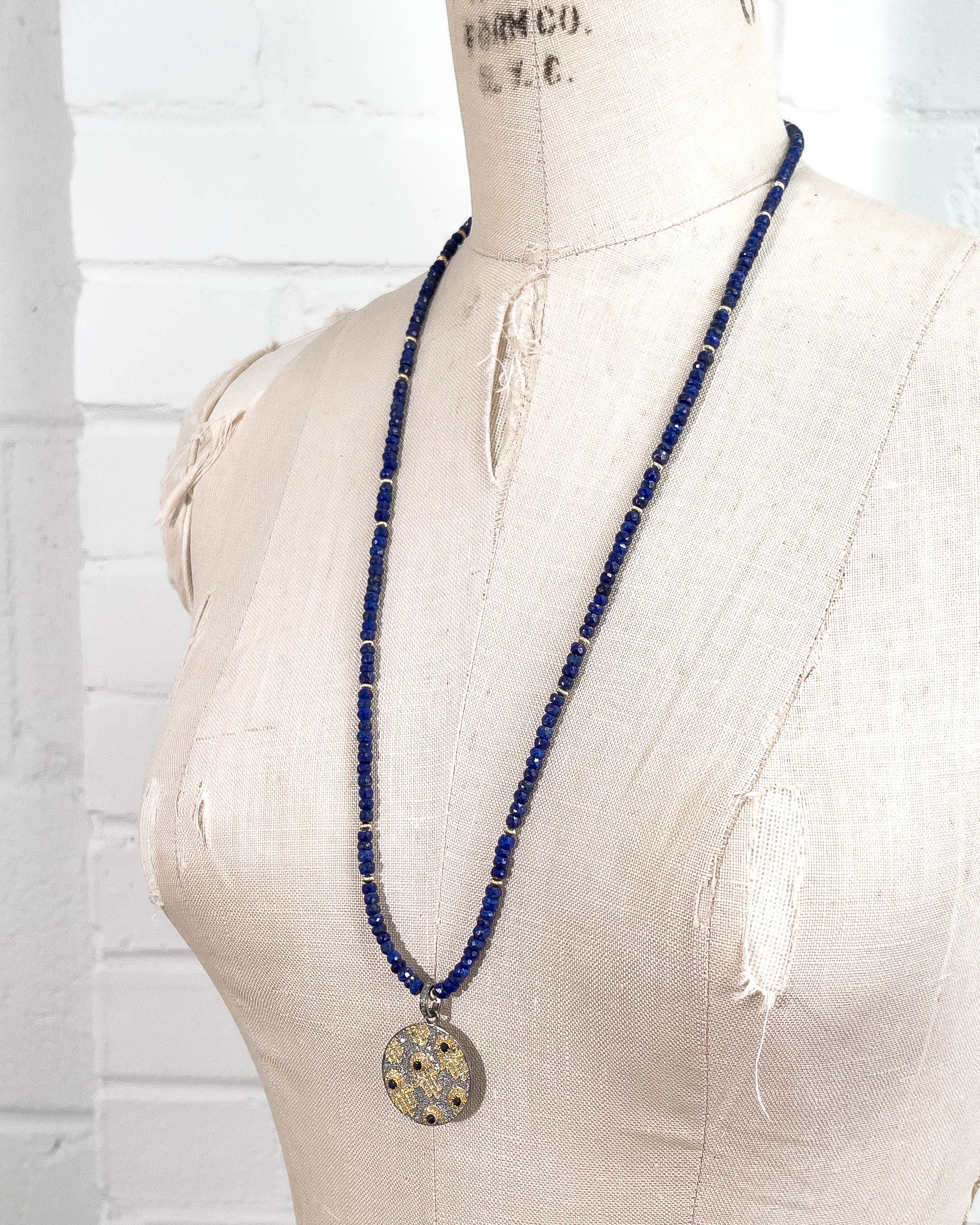 Diamond & Sapphire Hamsa Pendant on Lapis Lazuli Necklace