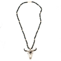 Sterling Repousse Labradorite Skull Pendant on Blue Tiger's Eye Necklace