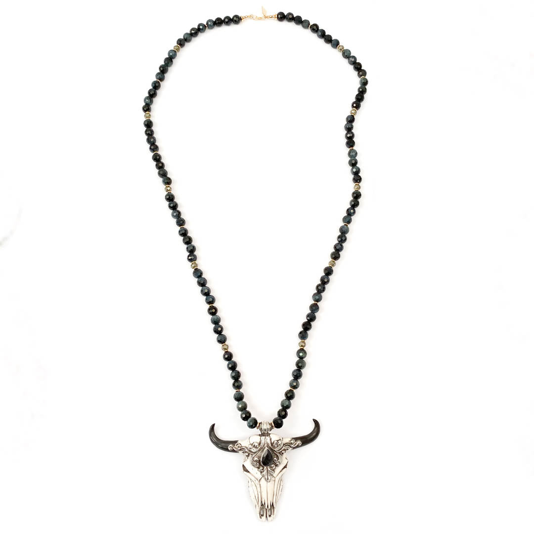 Sterling Repousse Labradorite Skull Pendant on Blue Tiger's Eye Necklace