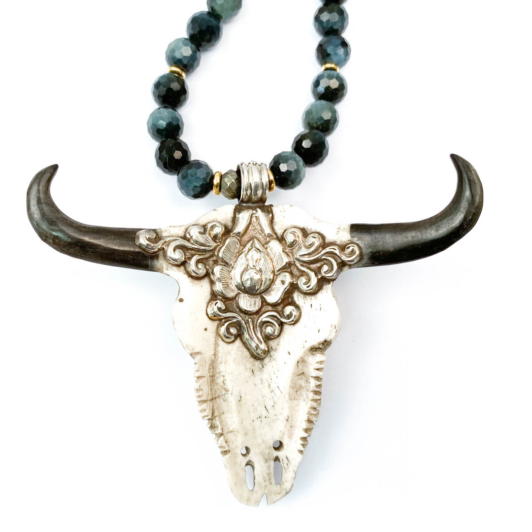 Sterling Repousse Labradorite Skull Pendant on Blue Tiger's Eye Necklace
