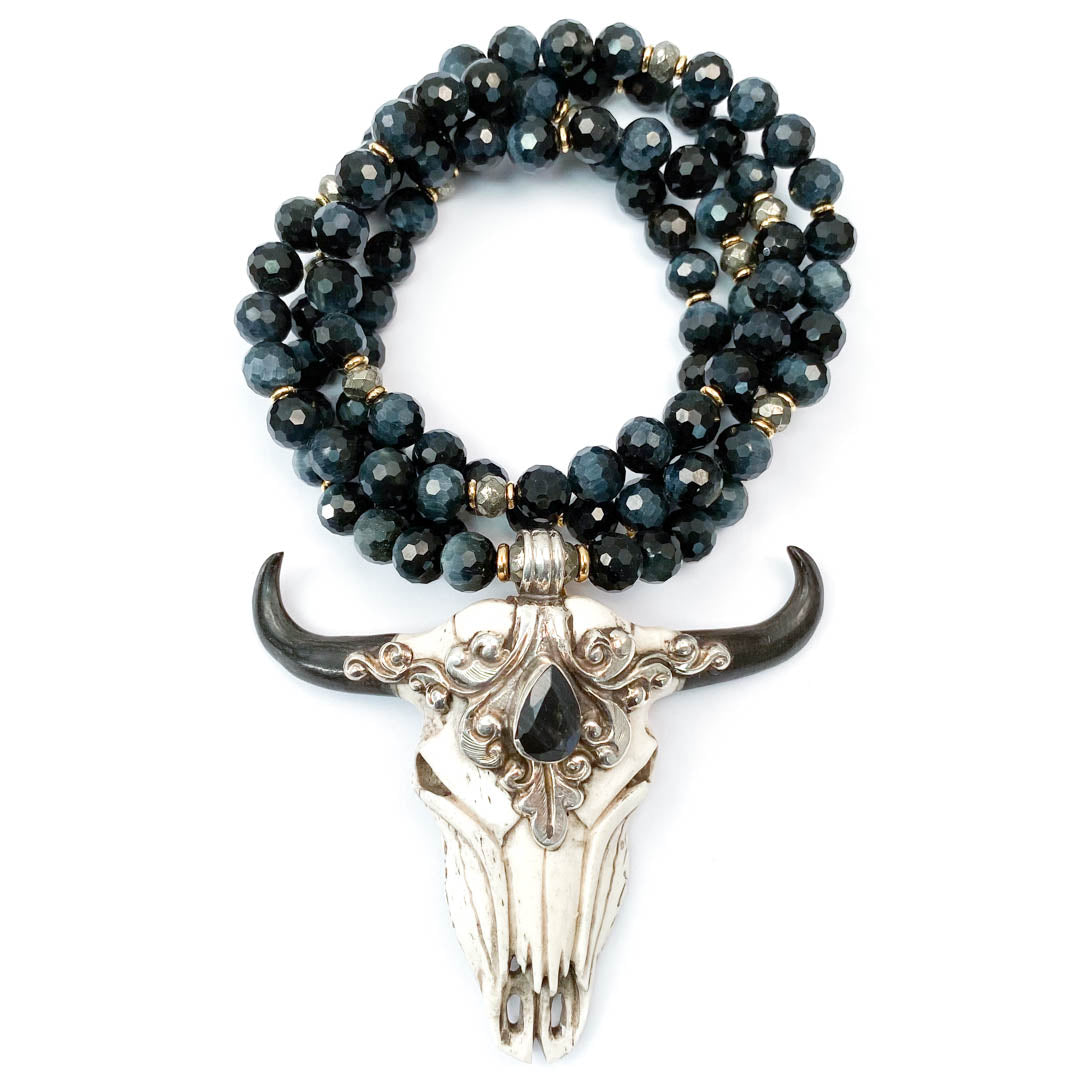 Sterling Repousse Labradorite Skull Pendant on Blue Tiger's Eye Necklace