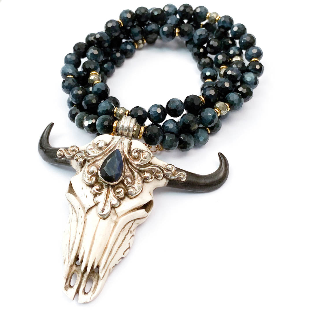 Sterling Repousse Labradorite Skull Pendant on Blue Tiger's Eye Necklace