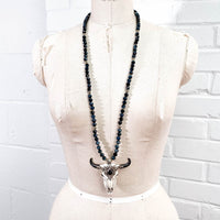Sterling Repousse Labradorite Skull Pendant on Blue Tiger's Eye Necklace