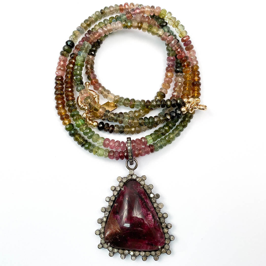 Pavé Diamond Eudialyte Pendant on Watermelon Tourmaline Necklace