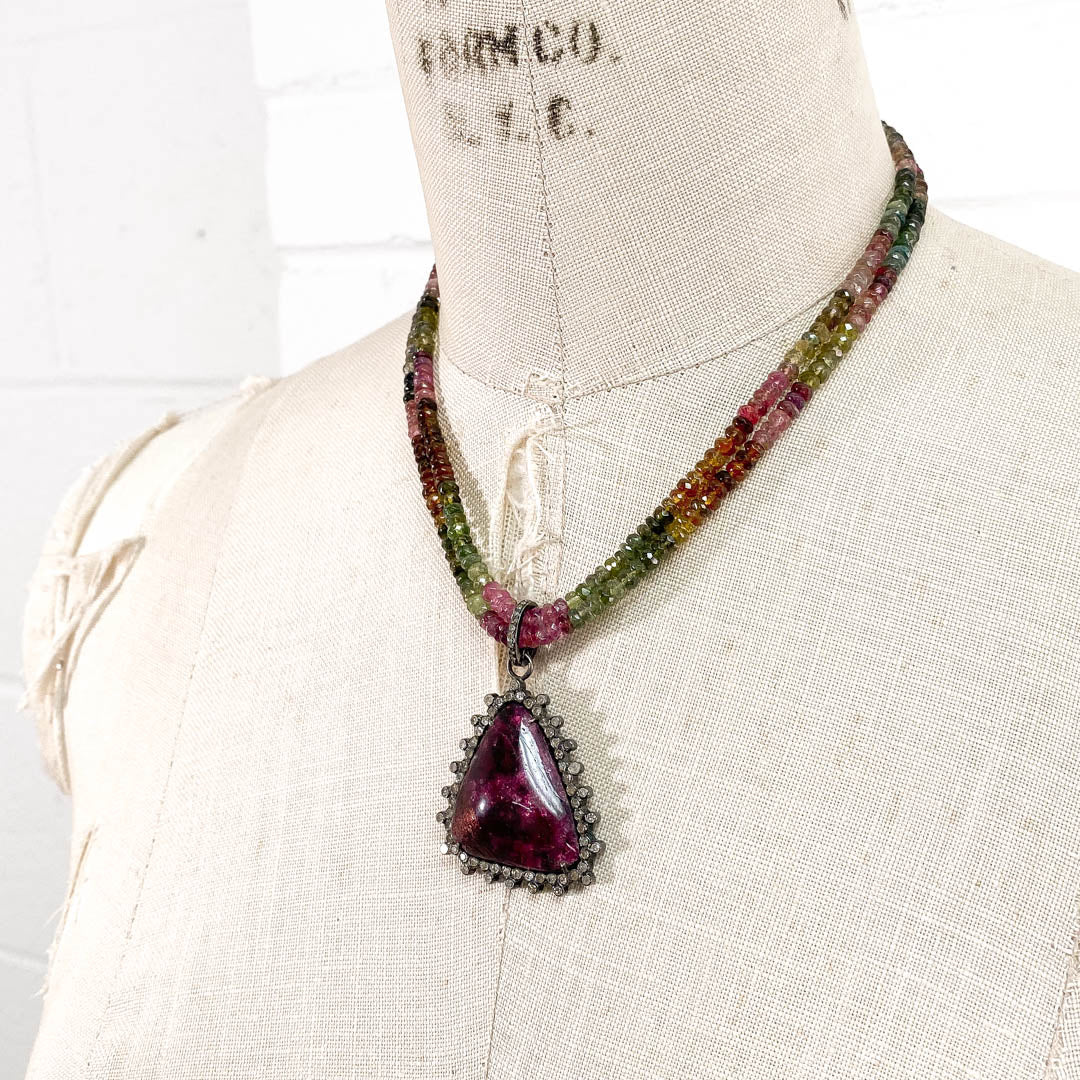 Pavé Diamond Eudialyte Pendant on Watermelon Tourmaline Necklace