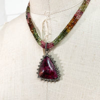 Pavé Diamond Eudialyte Pendant on Watermelon Tourmaline Necklace