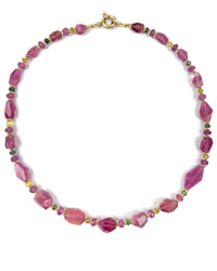 14k Natural Pink Rubellite Tourmaline Nugget, Pink Sapphire, & Watermelon Tourmaline Necklace