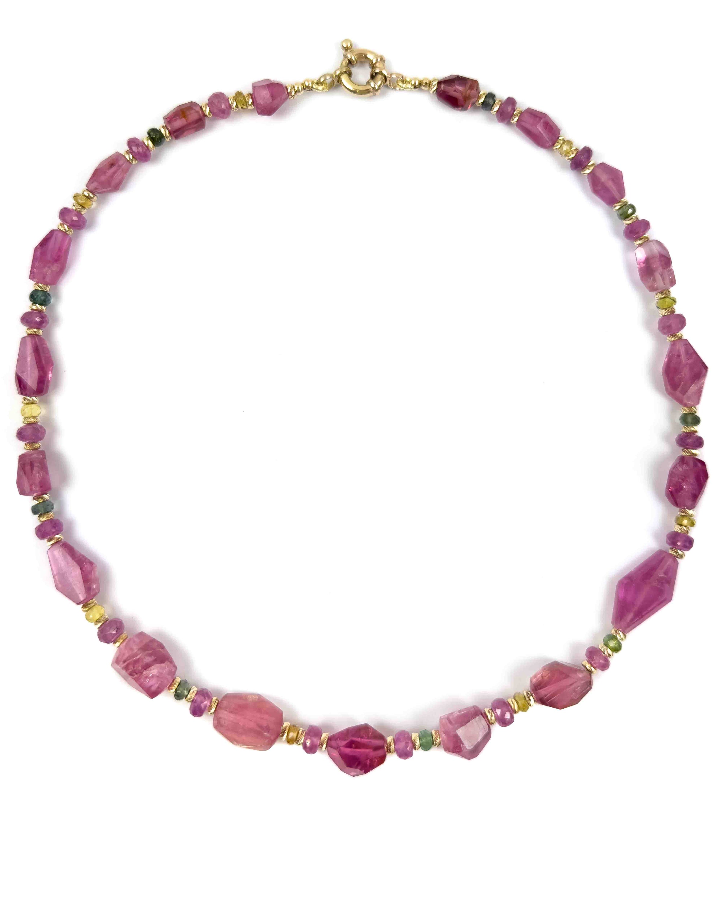14k Natural Pink Rubellite Tourmaline Nugget, Pink Sapphire, & Watermelon Tourmaline Necklace