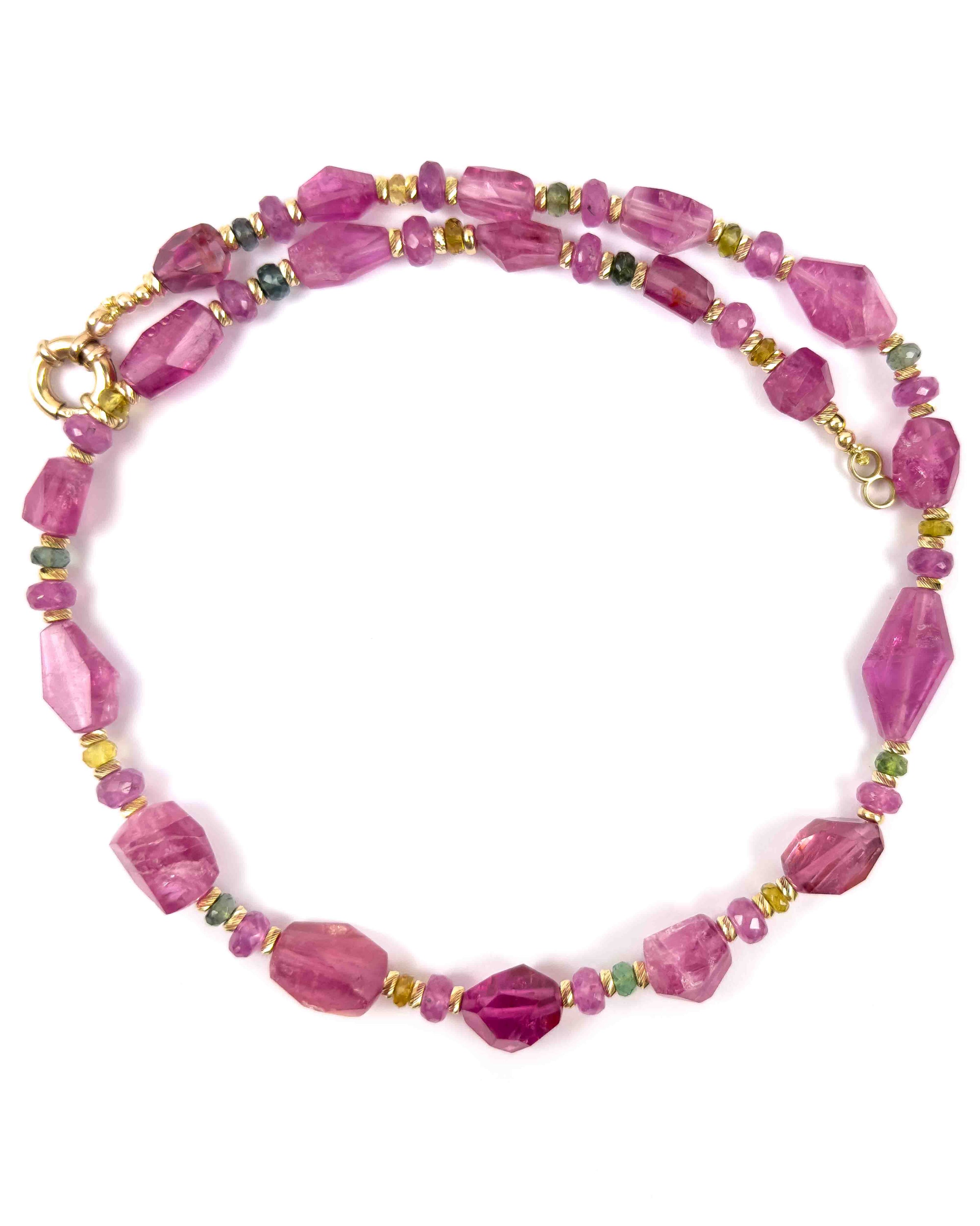 14k Natural Pink Rubellite Tourmaline Nugget, Pink Sapphire, & Watermelon Tourmaline Necklace