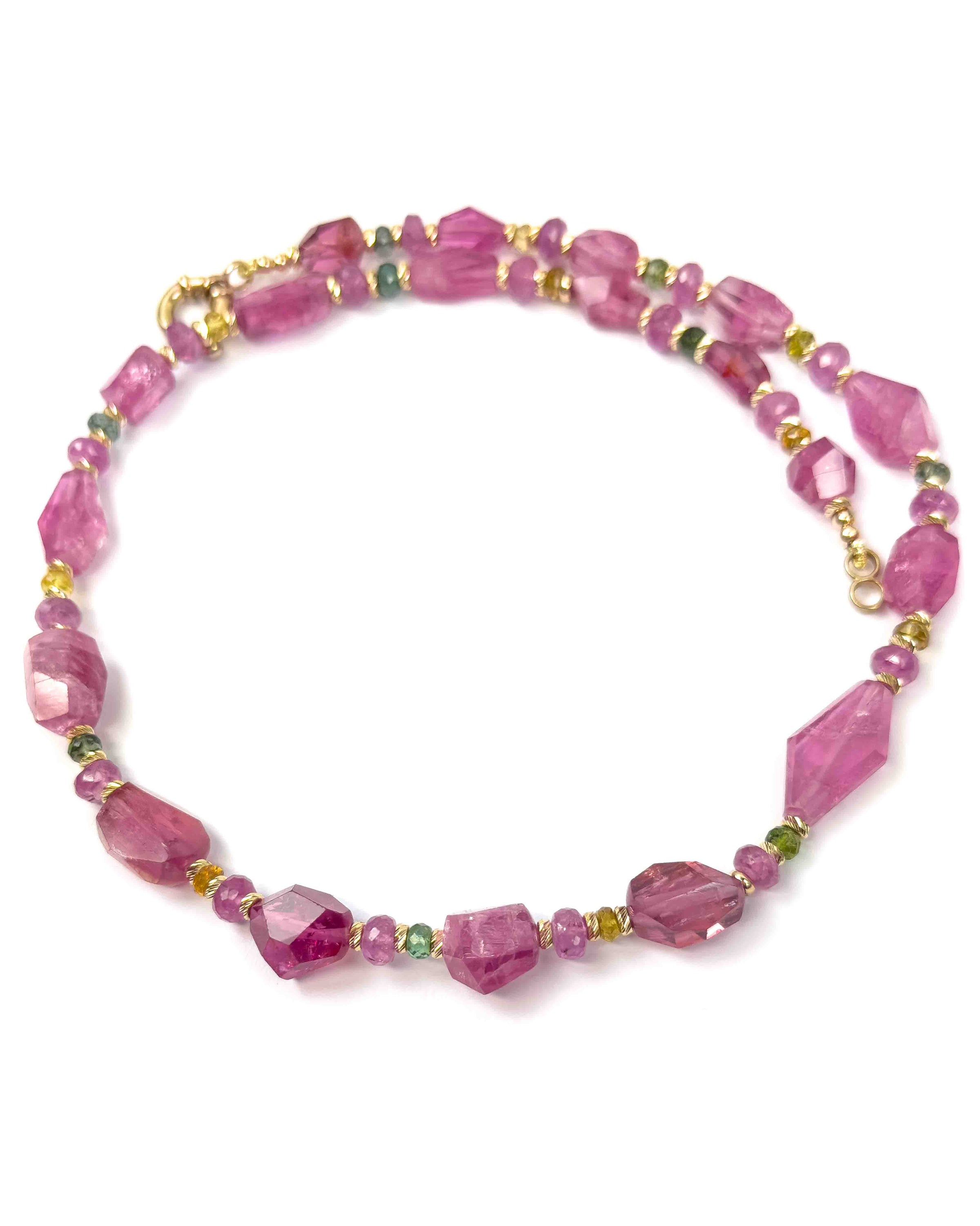 14k Natural Pink Rubellite Tourmaline Nugget, Pink Sapphire, & Watermelon Tourmaline Necklace