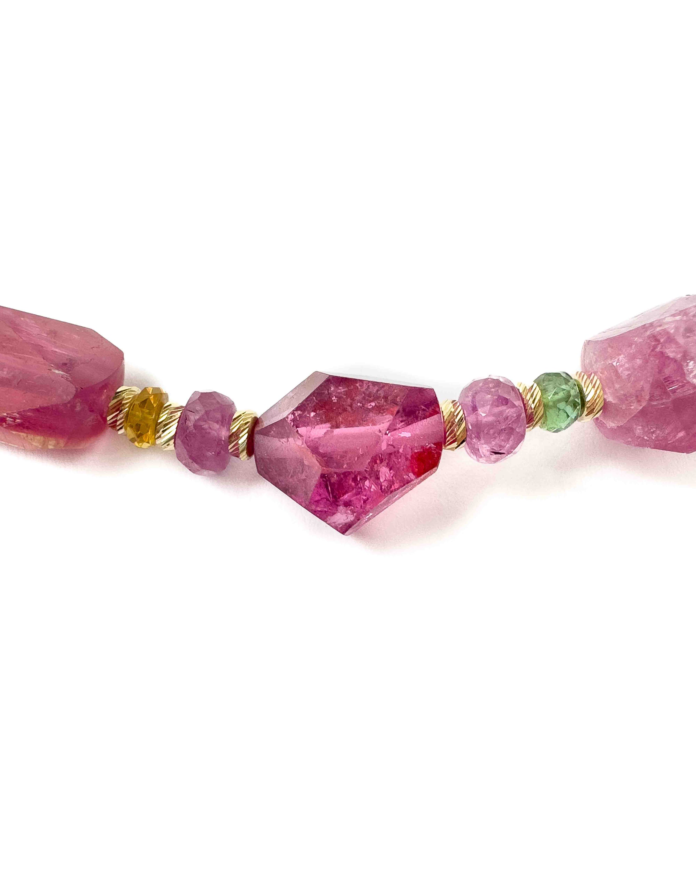 14k Natural Pink Rubellite Tourmaline Nugget, Pink Sapphire, & Watermelon Tourmaline Necklace
