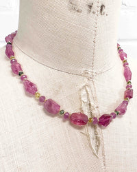 14k Natural Pink Rubellite Tourmaline Nugget, Pink Sapphire, & Watermelon Tourmaline Necklace