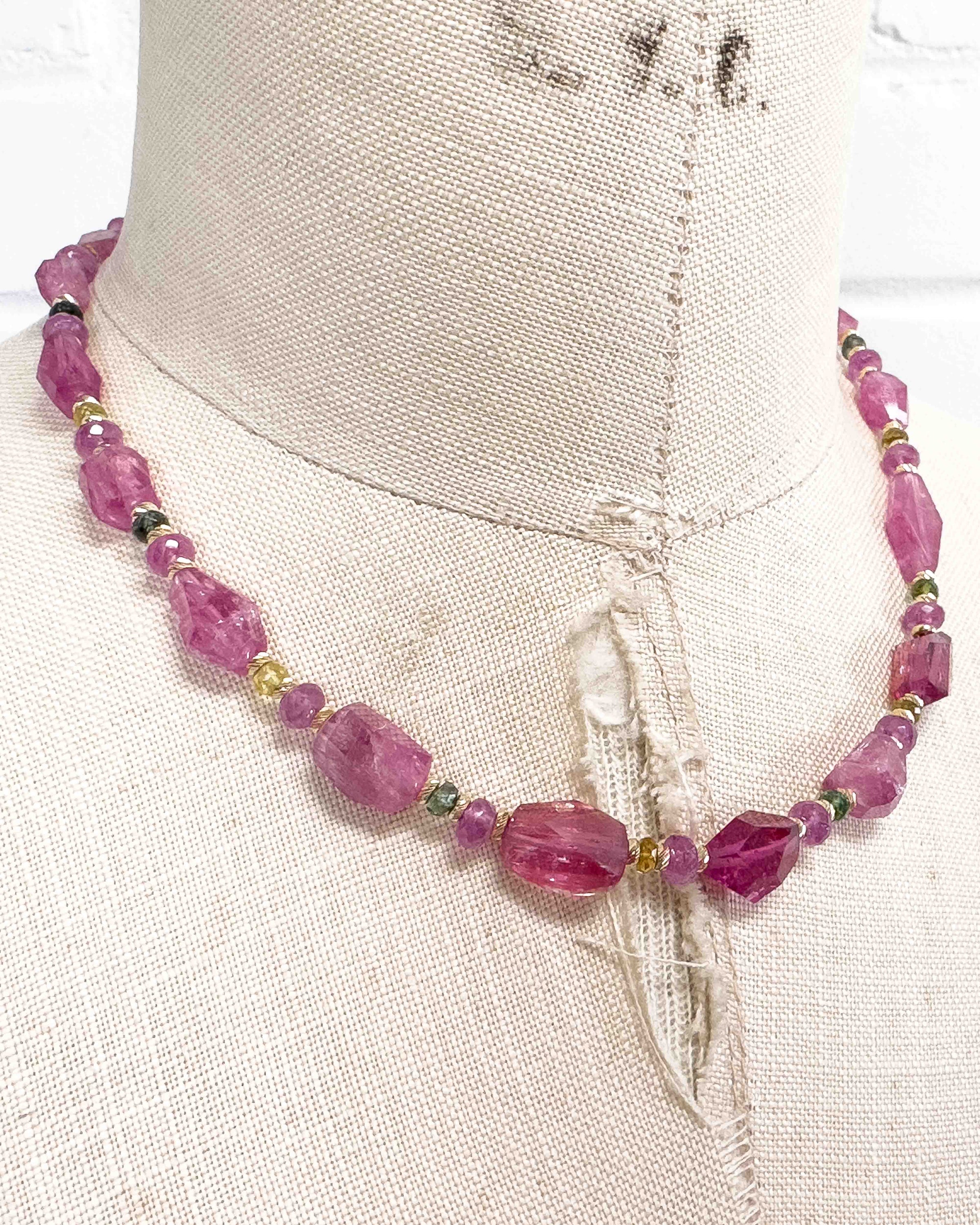 14k Natural Pink Rubellite Tourmaline Nugget, Pink Sapphire, & Watermelon Tourmaline Necklace