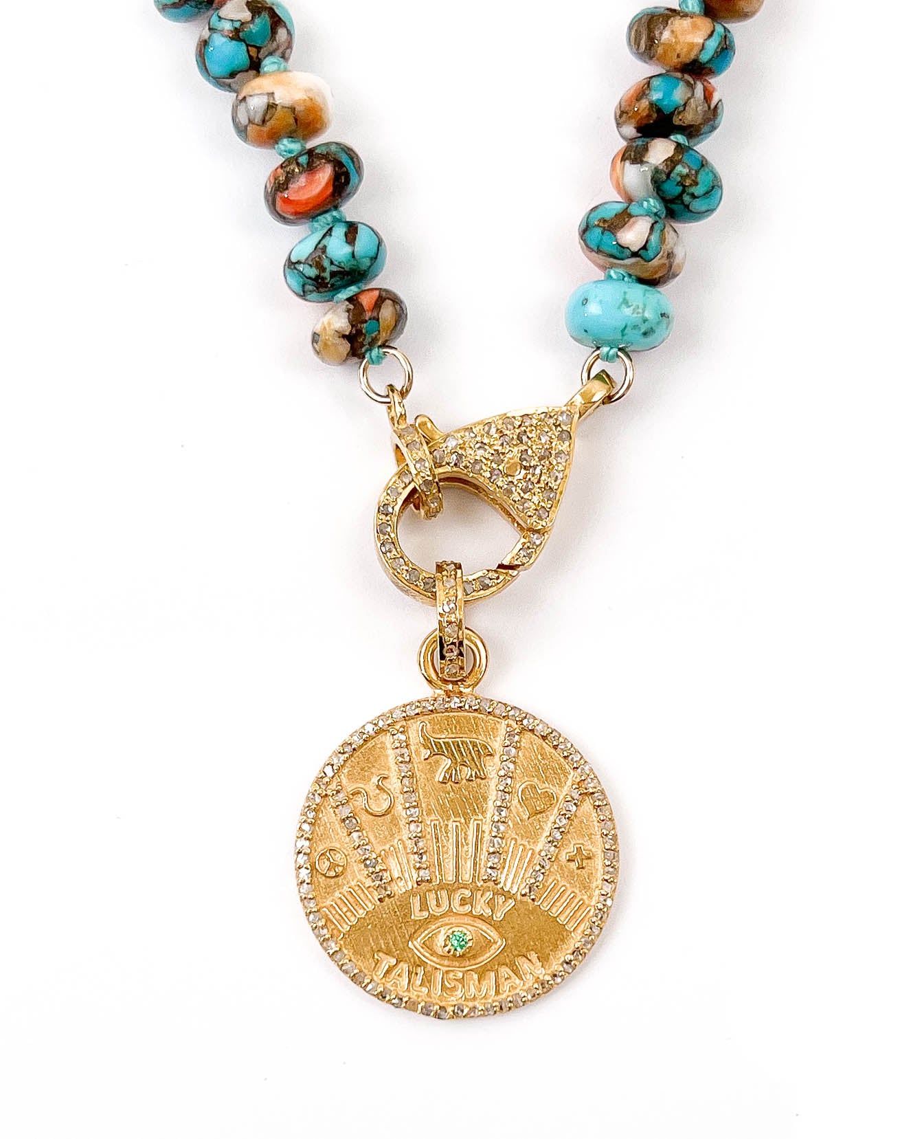 Diamond & Emerald Lucky Coin Pendant on Arizona Kingman Turquoise & Oyster Shell Necklace