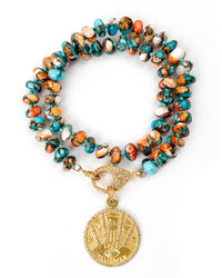 Diamond & Emerald Lucky Coin Pendant on Arizona Kingman Turquoise & Oyster Shell Necklace