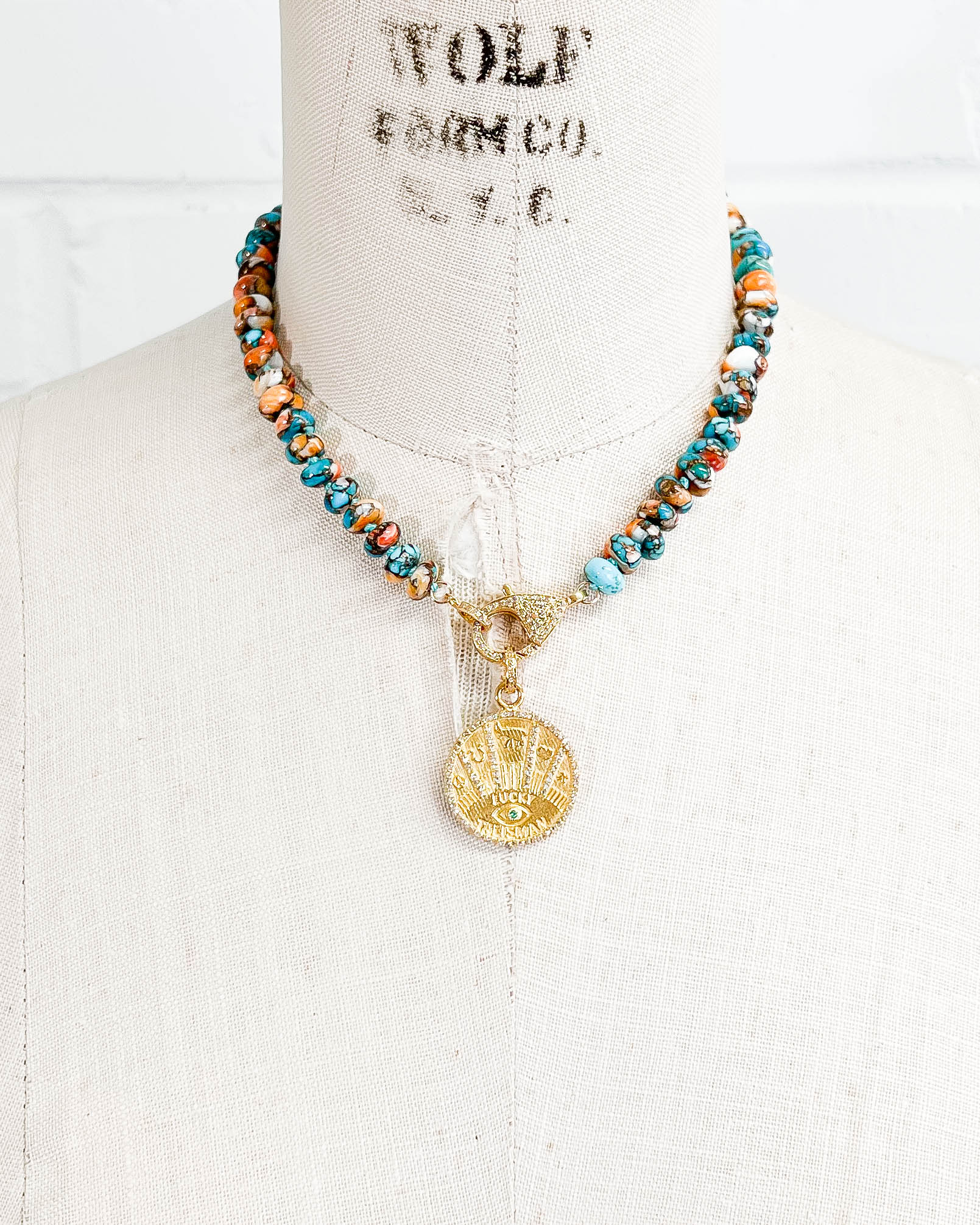 Diamond & Emerald Lucky Coin Pendant on Arizona Kingman Turquoise & Oyster Shell Necklace