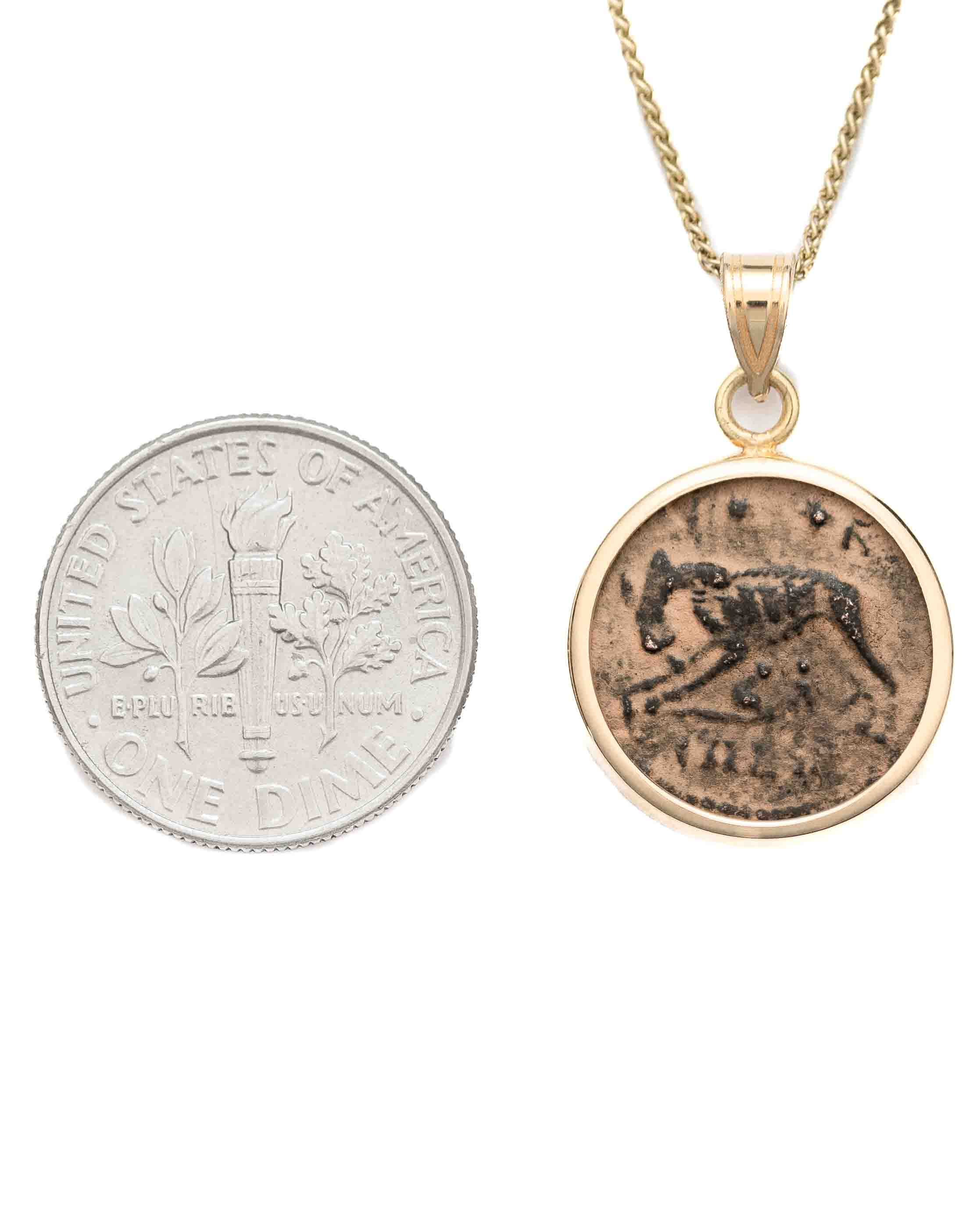 10k Gold Genuine Ancient Roman Constantinople Commemorative Coin Necklace (Romulus & Remus; 310-337 A.D.)