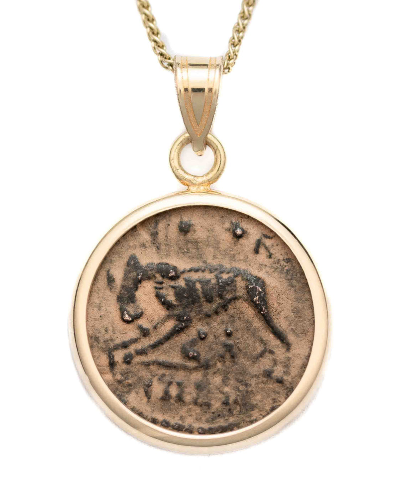 10k Gold Genuine Ancient Roman Constantinople Commemorative Coin Necklace (Romulus & Remus; 310-337 A.D.)