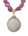 14k Gold Real Ancient Italian Coin Pendant on Natural Ruby Nugget Necklace (Pope Clement XIV Grosso; 1769-1774 A.D.)
