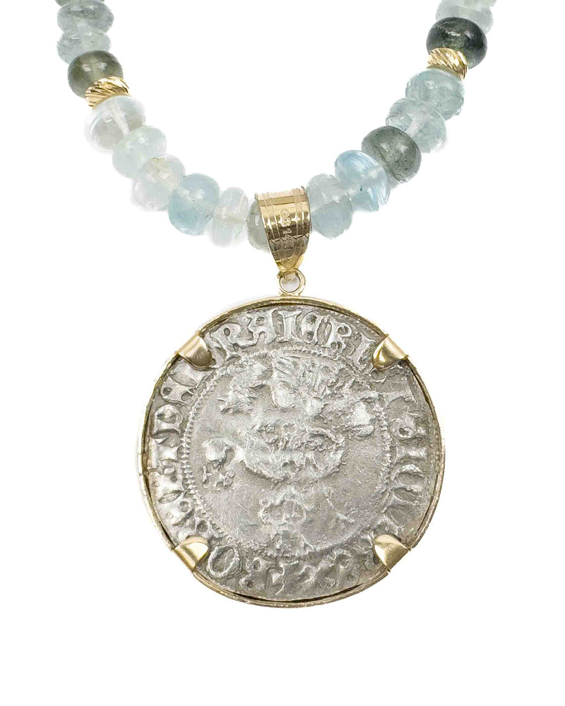 14k Gold Real Ancient Napoli Kingdom Coin Pendant on Multi-Colored Aquamarine Necklace (Roberto I d'Angiò; 1309-1317)