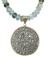 14k Gold Real Ancient Napoli Kingdom Coin Pendant on Multi-Colored Aquamarine Necklace (Roberto I d'Angiò; 1309-1317)