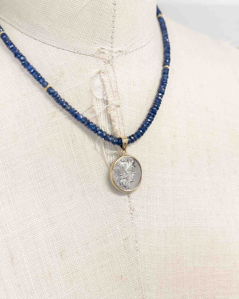 14k Gold Genuine Ancient Roman Coin Pendant on Natural Blue Sapphire Necklace (Roma; 154 B.C.)