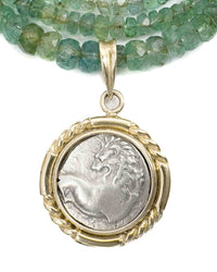 14k Gold Genuine Ancient Greek Coin Pendant on Zambian Emerald Necklace (Cherronesos Lion; 386-338 B.C.)