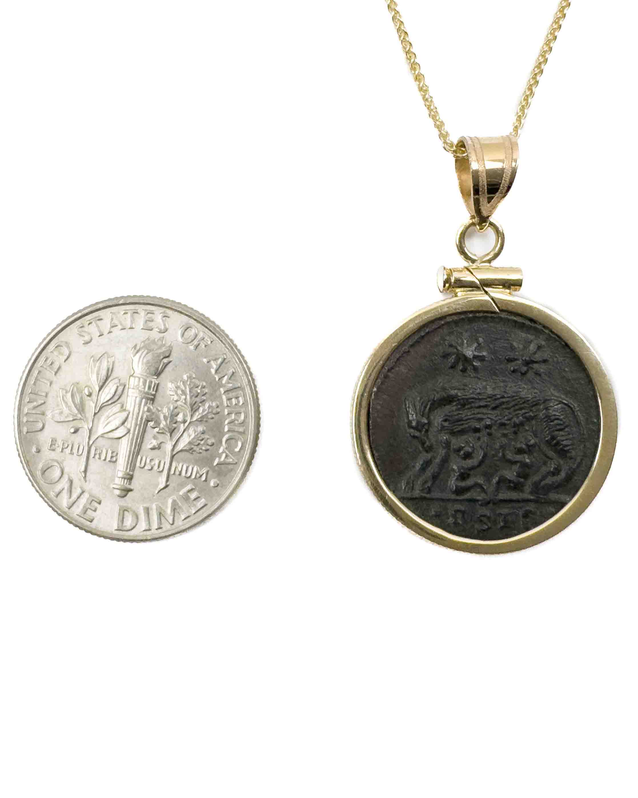14k Genuine Ancient Roman Constantinople Commemorative Coin Necklace (Romulus & Remus; 330-354 A.D.)