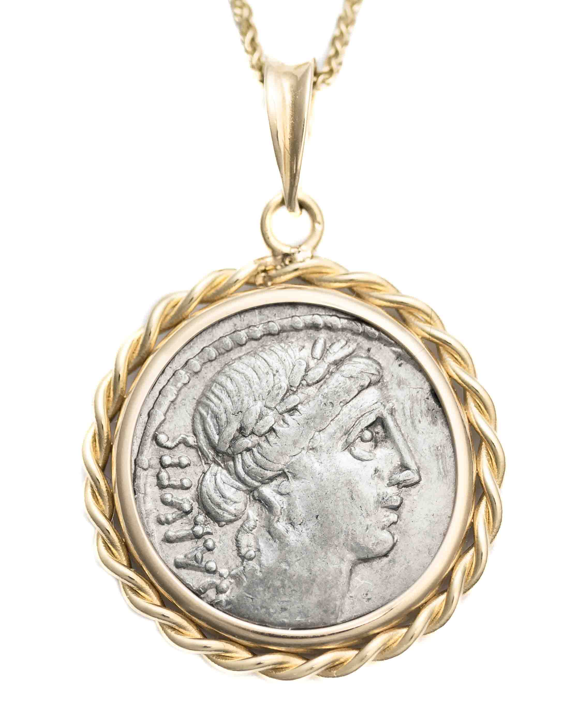 14k Gold Genuine Ancient Roman Coin Necklace (Salus; 49 B.C.)