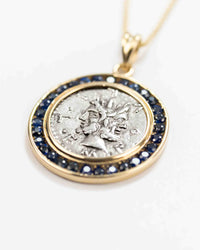 14k Gold & Sapphire Genuine Ancient Roman Coin Necklace (Janus; 121-119 B.C.)