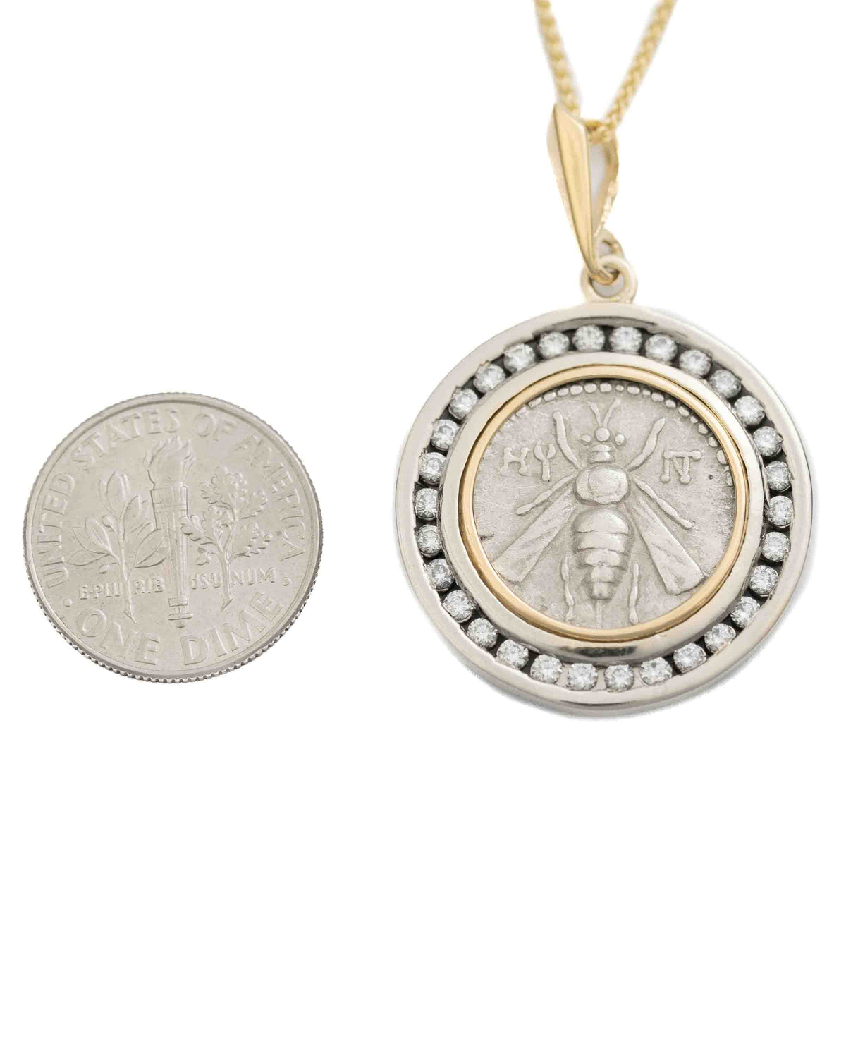 14k Gold & Diamond Genuine Ancient Greek Coin Necklace (Artemis Bee; 172-110 B.C.)