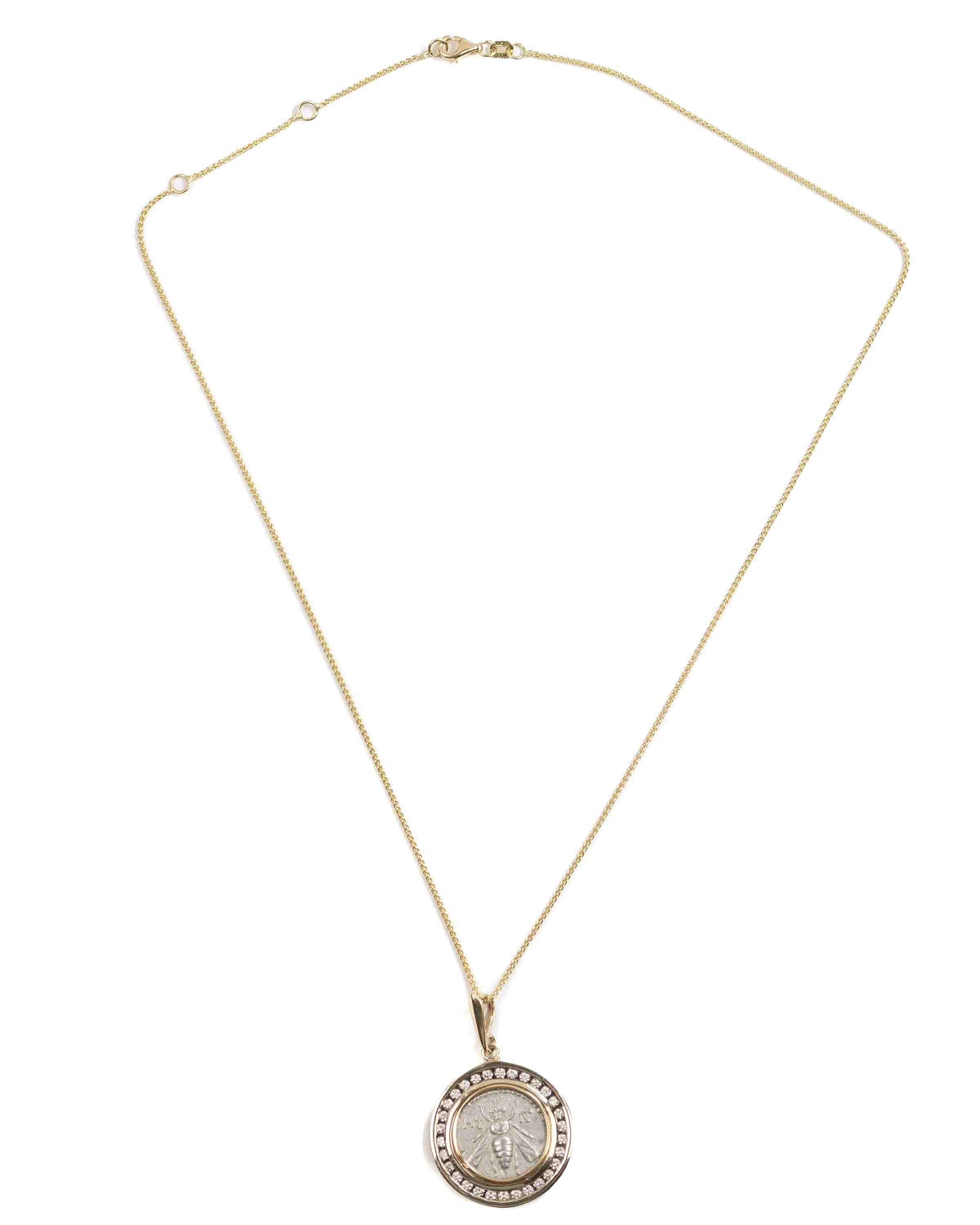 14k Gold & Diamond Genuine Ancient Greek Coin Necklace (Artemis Bee; 172-110 B.C.)