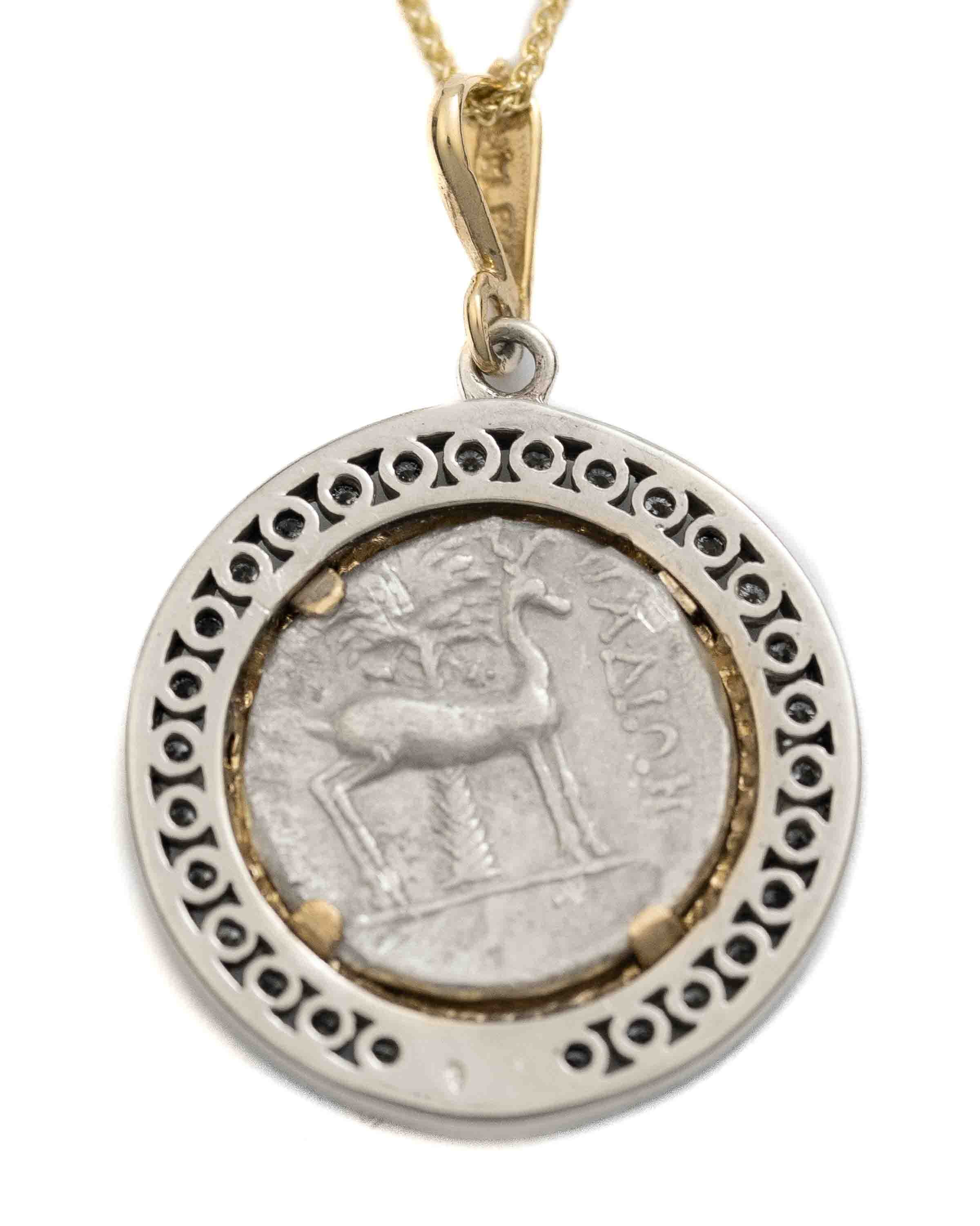 14k Gold & Diamond Genuine Ancient Greek Coin Necklace (Artemis Bee; 172-110 B.C.)