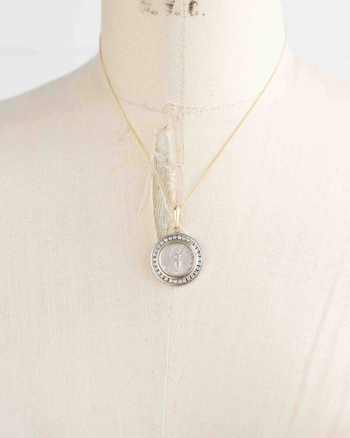 14k Gold & Diamond Genuine Ancient Greek Coin Necklace (Artemis Bee; 172-110 B.C.)