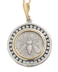 14k Gold & Diamond Genuine Ancient Greek Coin Necklace (Artemis Bee; 172-110 B.C.)