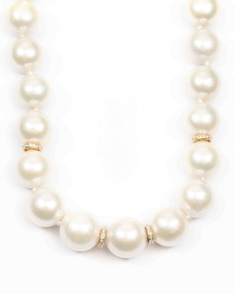 14k Gold & Diamond AAA Natural Freshwater 15mm White Pearl Necklace