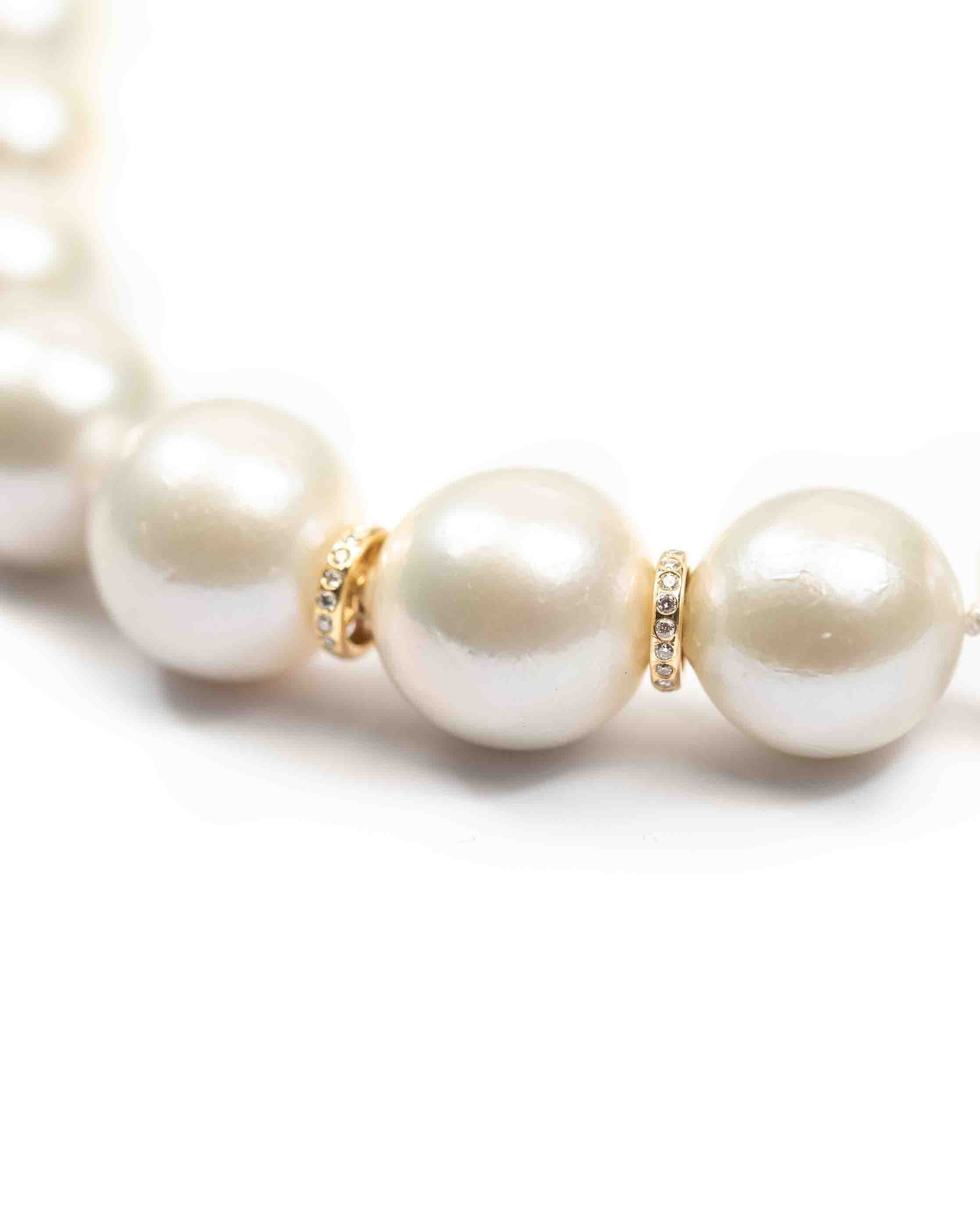 14k Gold & Diamond AAA Natural Freshwater 15mm White Pearl Necklace